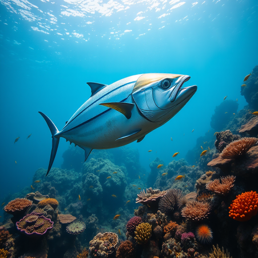 Generate an underwater scene featuring a large tuna swimming gracefully among vibrant coral reefs and schools of fish, captured with a Canon EOS 5D Mark IV, 24mm lens, f/8 aperture, ISO 200, in natural light for enhanced clarity and color vibrancy.
