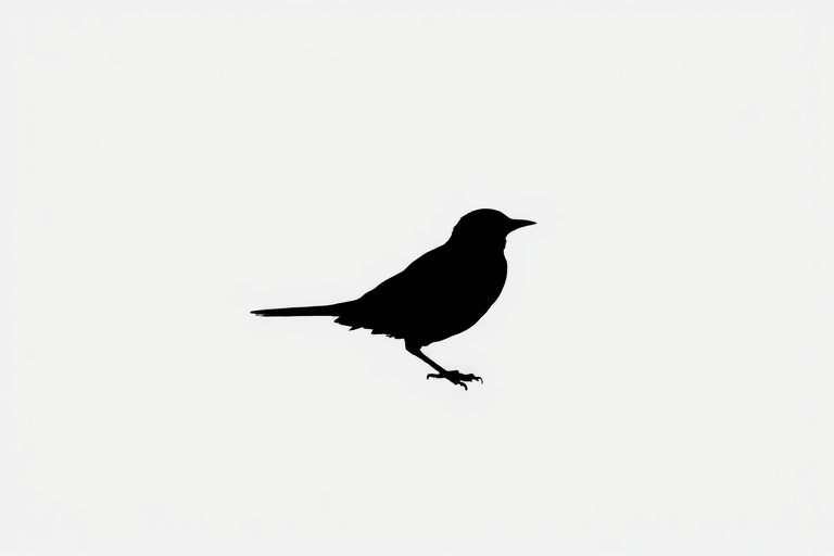 Generate a high-quality image of a minimalist black silhouette of a bird on a white background using a DSLR camera at f/2.8 aperture, ISO 100, 50mm lens, shot from a straight-on perspective with soft natural lighting.