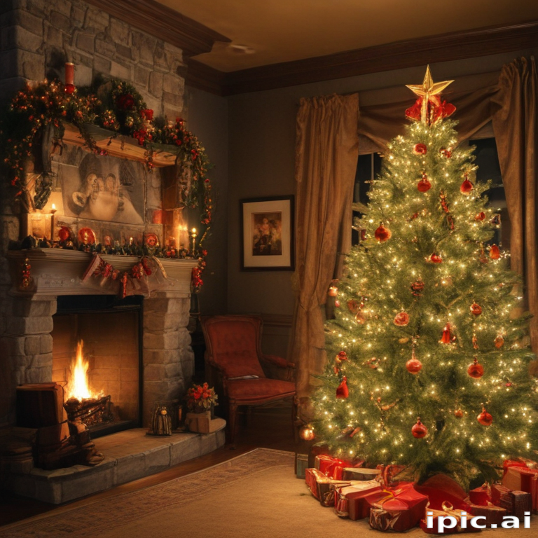 Cozy Living Room with a Beautifully Decorated Christmas Tree and Fireplace