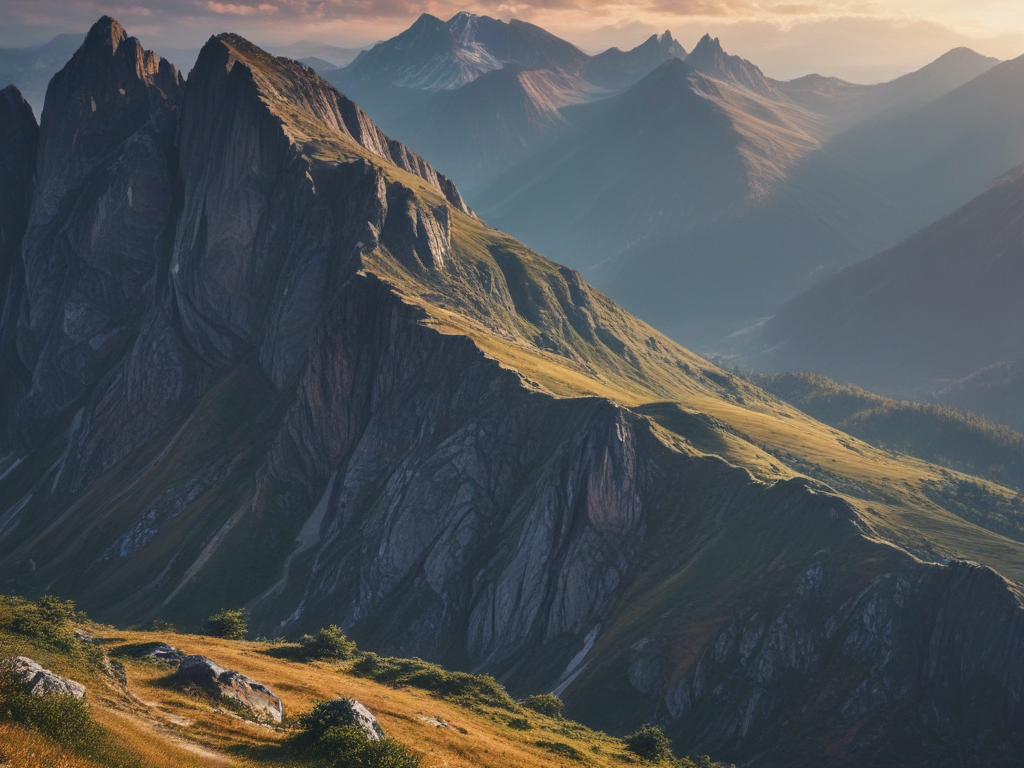 Majestic Mountain Landscape at Sunset with Dramatic Peaks and Valleys.