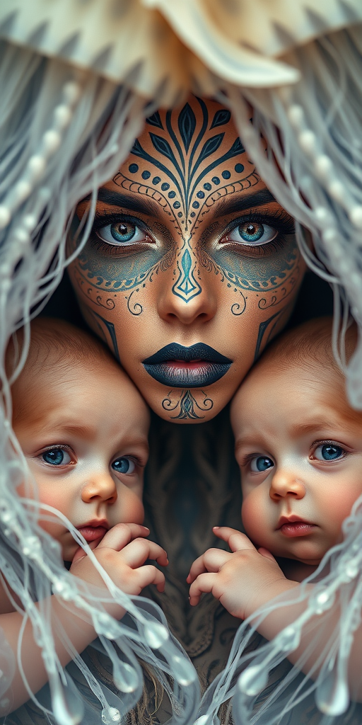 Create a surreal portrait of a woman with intricate facial features and unique patterns, framed by ethereal fabrics resembling jellyfish, with two serene babies gazing at the viewer; camera settings: f/1.4, ISO 100, shutter speed 1/200s; camera view: close-up; camera style: portrait; camera type: DSLR.