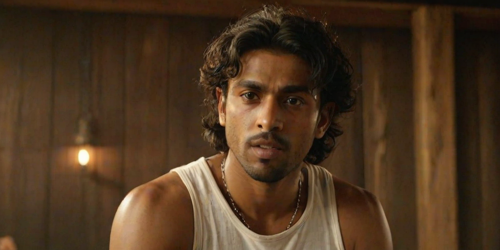 A medium shot photo of an Indian man in a wooden-walled arena under warm, dim lighting, with an atmosphere that captures a sense of intensity and focus; the image is detailed, with a muted color palette of browns and earthy tones. The man has a medium build, dark curly hair, and light brown skin that shows visible sweat and natural texture like pores, emphasizing the realism of the moment. He appears to be in a state of concentration, his facial expression intense with his mouth slightly open and eyes looking downward, while both hands are raised with his fingers spread apart. He wears a simple sleeveless white vest with the phrase "Wait a minute" spelled out in rap style font , accessorized with several gold rings and a gold chain, giving a contrasting touch of brightness. The warm light accentuates the sheen on his skin and casts subtle shadows, adding depth to his features. In the background, a motorcycle is suspended on the wall, indicating a dynamic and risky setting, possibly part of a performance or stunt show. The textured wooden wall creates a rustic and immersive atmosphere, with soft ambient light filtering through small gaps. The composition captures the man's emotions and the gritty setting with sharp details, highlighting both his expression and the unique environment