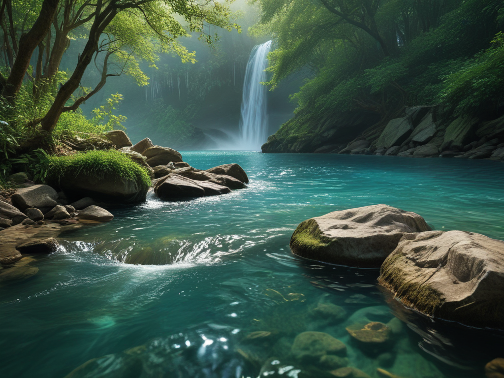 A Serene Waterfall Cascading into a Tranquil Turquoise River Surrounded ...