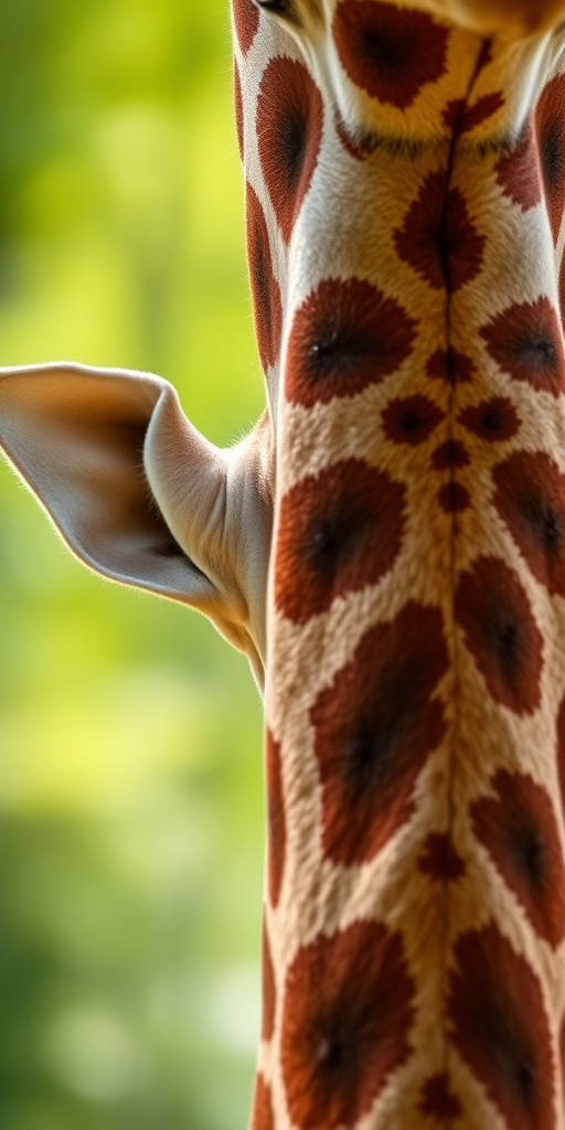 Create a close-up shot of a giraffe's neck, focusing on the unique patterns of its fur and mane against a soft blurred green background, using a Canon EOS 5D Mark IV, 50mm lens, aperture f/2.8, ISO 100, with natural lighting for enhanced detail and vibrant colors.