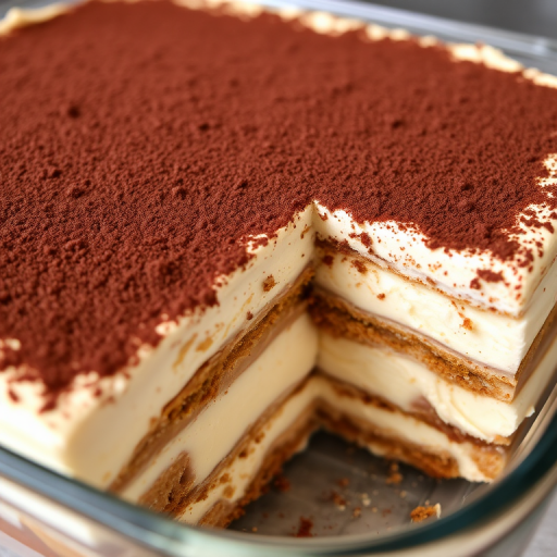 A close-up view of a delicious layered tiramisu dessert in a glass dish showcasing the rich chocolate dusting on top and the creamy layers beneath with a portion cut out revealing the texture and layers inside.
