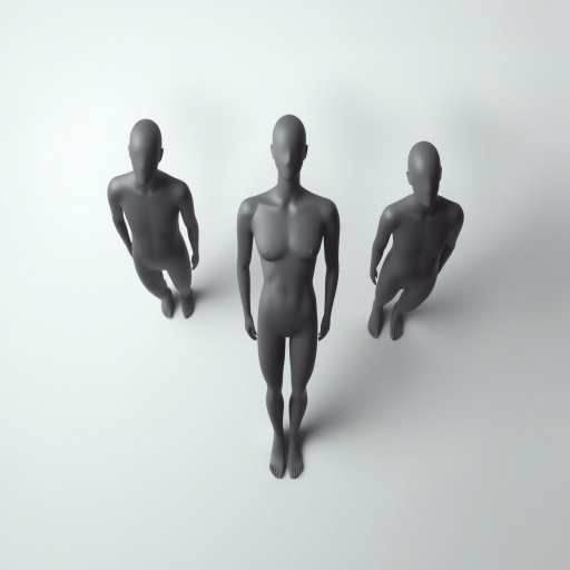 Create a minimalistic vector graphic of three abstract human figures, with the central figure larger and more prominent, using a monochromatic color scheme, captured with a 50mm lens at f/1.8 aperture, ISO 100, in a soft, diffused lighting setup, in a top-down view for depth.