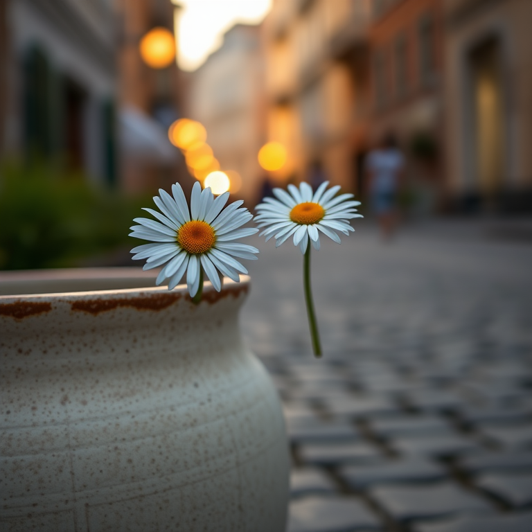 a close-up of a single daisy in a weathered pot on a cobblestone street during golden hour, background softly blurred with warm bokeh, aperture f/2.8, shutter speed 1/200s, ISO 100, 50mm lens, DSLR camera