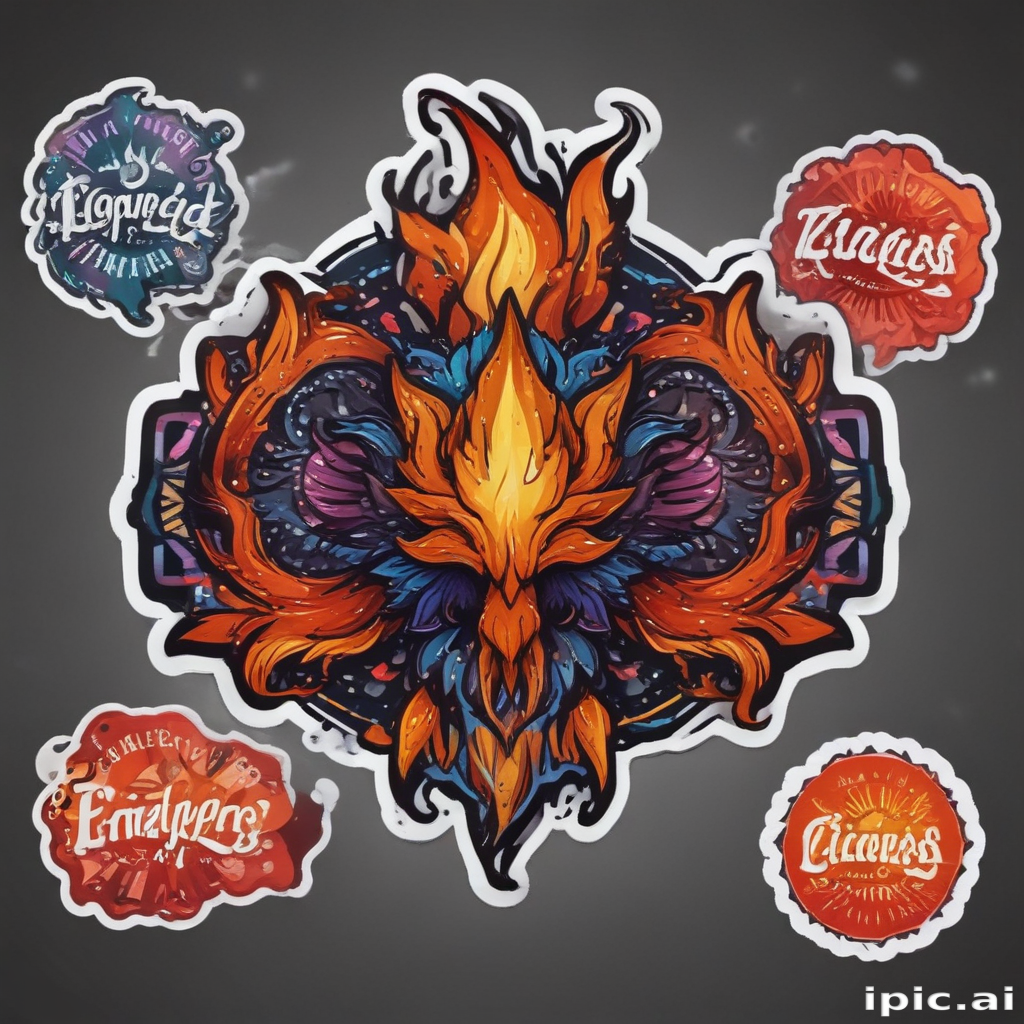 Phenyle Sticker Design Vibrant Fiery Phoenix Design Surrounded by Colorful Artistic Stickers