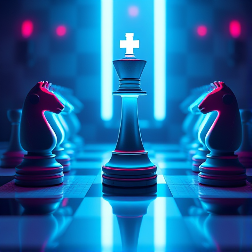 Create a futuristic chess scene with a glowing King piece at the center, flanked by neon Knight pieces, on a luminous grid chessboard, using a Canon EOS R5 camera, with a 50mm lens, f/1.8 aperture, ISO 100, 1/60 sec shutter speed, taken from a low angle view to emphasize the pieces and enhance color vibrancy.