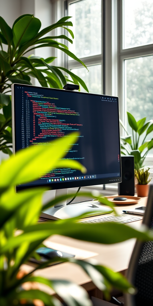A modern home office setup featuring a sleek computer monitor displaying colorful coding text, surrounded by lush green plants, natural light streaming through large windows, shot with a Canon EOS R5, 50mm lens, f/1.8 aperture, ISO 100, 1/200 sec shutter speed, wide-angle view, soft focus on the background for depth.