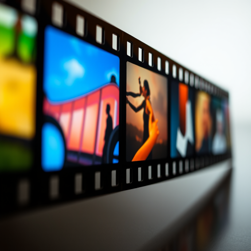Create an image of a filmstrip with colorful frames showing different film themes, using a Canon EOS 5D Mark IV camera, aperture f/8, shutter speed 1/125s, ISO 200, in a slightly angled view, utilizing soft lighting for enhanced visibility and detail.