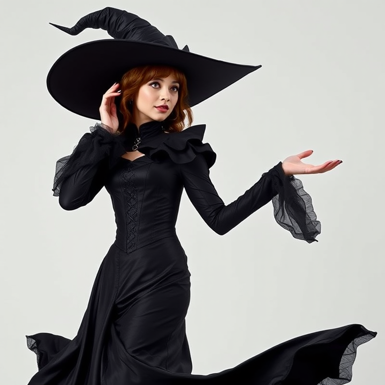 Regenerate the image of a female character dressed as a witch with a dramatic black gown and a wide-brimmed hat, standing gracefully with one hand extended; camera settings: ISO 100, f/2.8, shutter speed 1/60s; camera view: medium shot; camera style: portrait; camera type: digital DSLR.