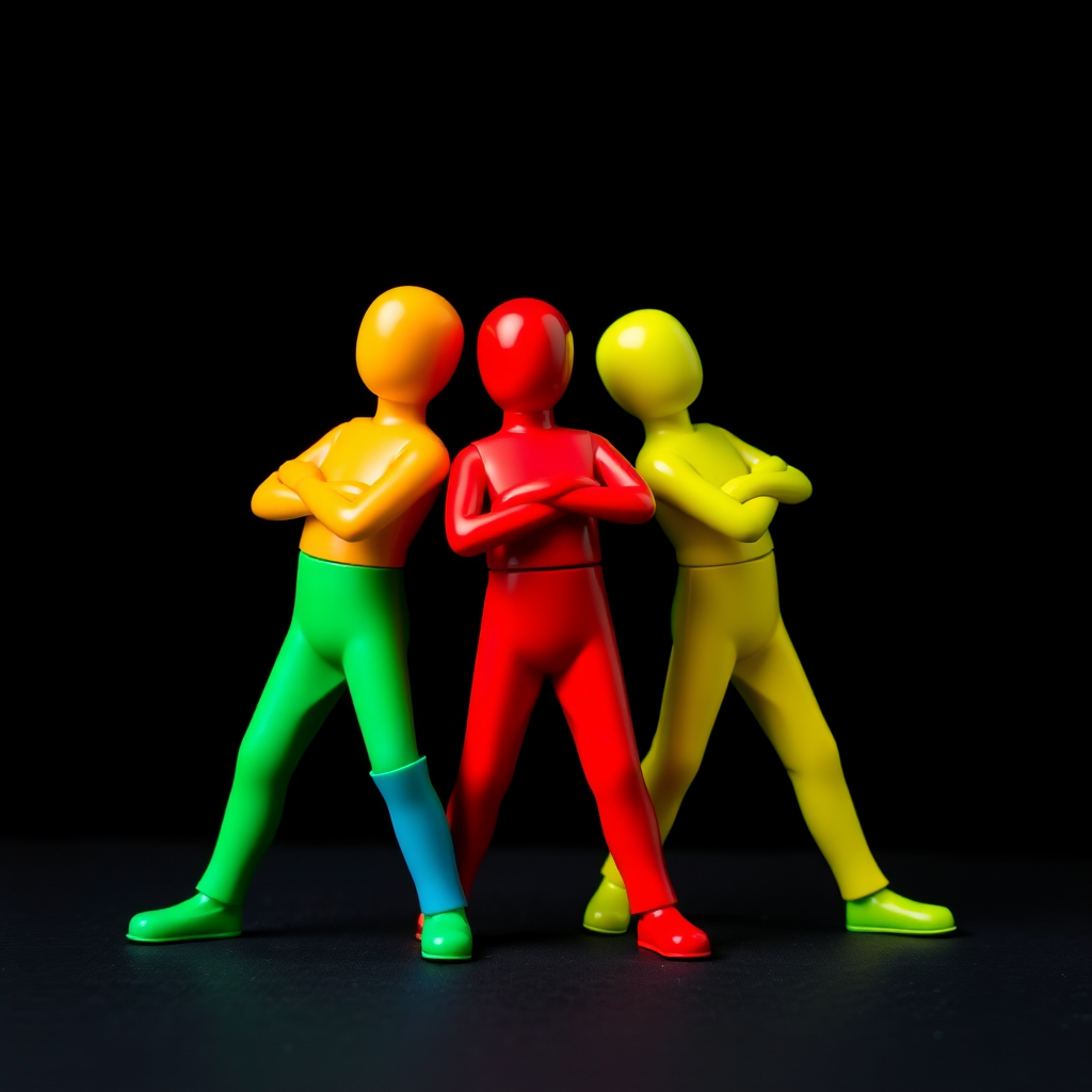 Generate an image of three colorful, stylized figures posed dynamically against a black background, using a DSLR camera with a 50mm lens, aperture f/1.8, ISO 100, and a shallow depth of field for enhanced focus on the subjects, capture in high-resolution with vibrant color saturation.