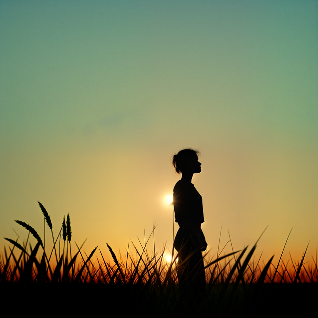 Silhouette of a Woman Standing in a Field at Sunset