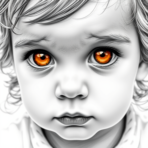 A hyperdetailed photorealistic black and white sketch of a beautiful toddler with deep orange eyes, with a macro focus