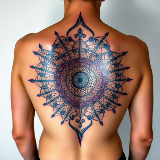 Captivating body tattoo of a spiraling fractal pattern expanding from the center of the back, rendered in holographic ink that shifts colors with movement
