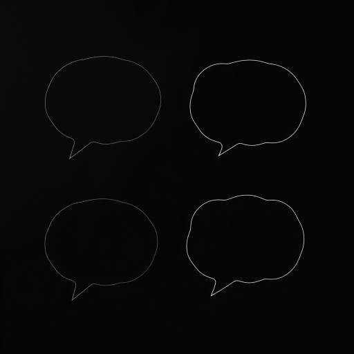 Create a high-resolution image of four empty speech and thought bubbles on a solid black background, using a Canon EOS R5 camera, 50mm lens, f/1.8 aperture, ISO 100, and a shallow depth of field for a clean, crisp look.