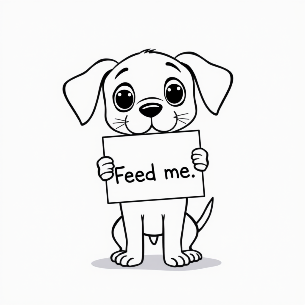 A minimalist cartoon of a PUPPY standing on a blank white background, holding a sign that simply says, 'Feed me.' The puppy is drawn with just a few lines: big eyes, whiskers, floppy ears, and a straight tail, giving it a comically desperate expression.