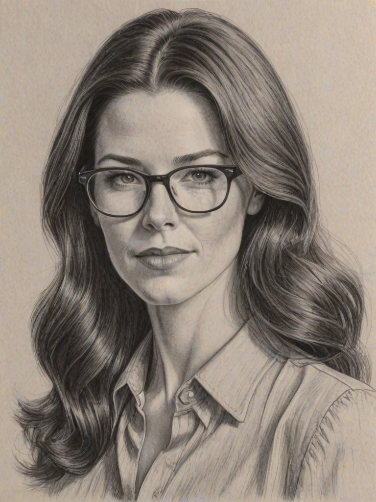 Dazzling Bridget Regan, pencil sketch, portrait of Captivating woman 1974s in glasses, hair style beatnik, outline, clear lines, fine lines, 8k