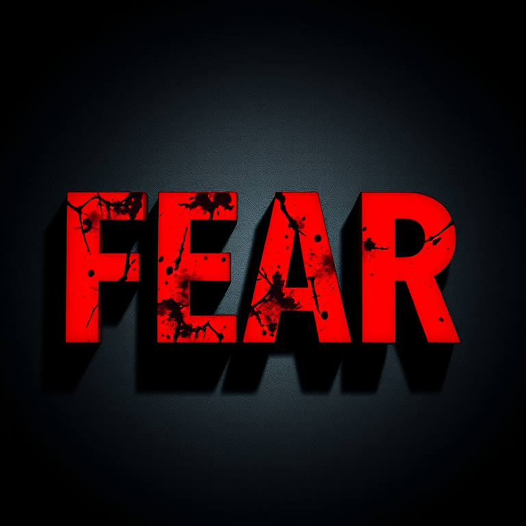 Create a high-resolution image featuring the word "FEAR" in bold, striking typography against a contrasting background, captured with a Canon EOS R5 at f/2.8, ISO 100, 1/60 sec, using a shallow depth of field for emphasis, in portrait orientation.