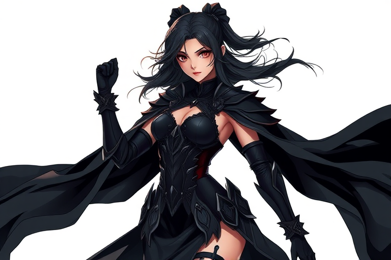 Create a high-contrast digital illustration of a dynamic female character in an elegant dark fantasy outfit with flowing cape and intricate armor details, capture the scene with a Canon EOS R5 at f/2.8, ISO 100, 24mm focal length, using a high-resolution macro lens for sharpness and depth of field, with flat lighting to emphasize the character's details against a minimalist background.