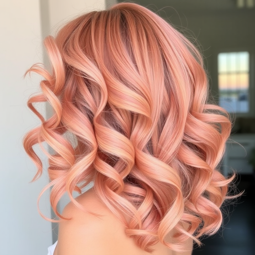 Soft rose gold hair in voluminous, bouncy curls embodies the romantic "Blush Blossom" style, featuring delicate peach and champagne highlights that add warmth and dimension to the feminine hues, creating a dreamy and ethereal look reminiscent of blooming flowers and sunset skies