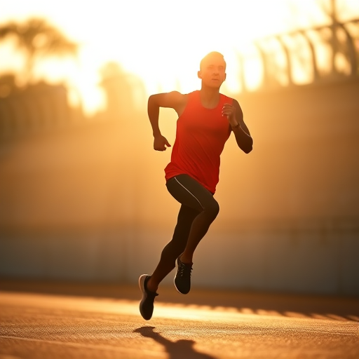 Create a high-resolution image of a silhouetted runner in a dynamic pose, wearing a bright red athletic outfit, captured with a DSLR camera at 50mm, f/2.8 aperture, ISO 100, in a well-lit environment, utilizing a shallow depth of field for enhanced focus on the athlete.