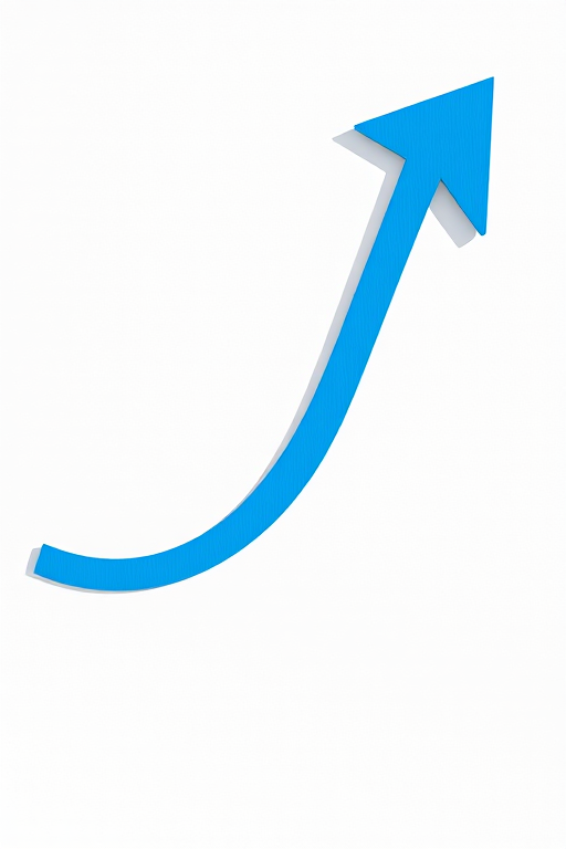Create a high-resolution image of a stylized blue arrow with a triangular tip and a curved line, using a 50mm lens at f/1.8, ISO 100, and shot in natural light, capturing a clean and minimalistic view.