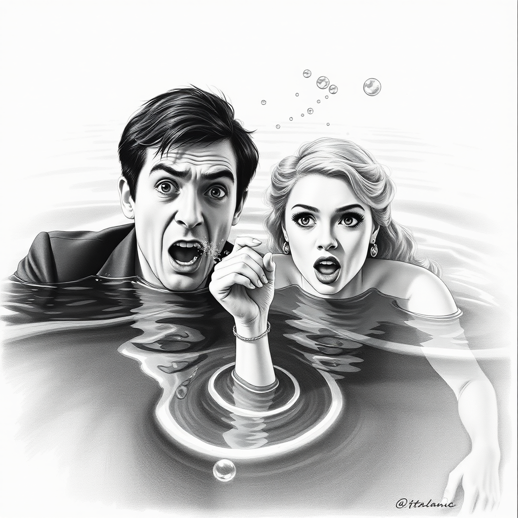 A hyperdetailed photorealistic black and white pencil sketch recreating the iconic scene at the end of Titanic with Jack and Rose floating in the water, only show them making exaggerated funny faces at the camera. Show Rose spitting water at the camera.