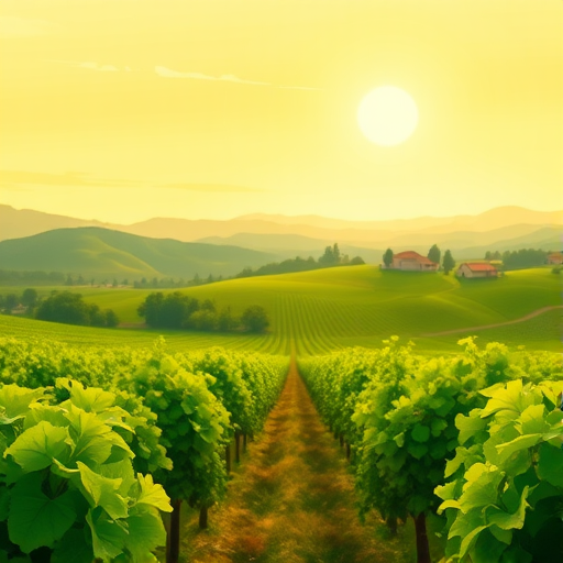 Create a panoramic illustration of lush green vineyards under a soft yellow sky, focusing on rolling hills and farmhouses in the background, with sharp details and vibrant colors; use a DSLR camera at f/8, 1/250 sec, ISO 100, wide-angle lens, with a soft focus style for a serene atmosphere.