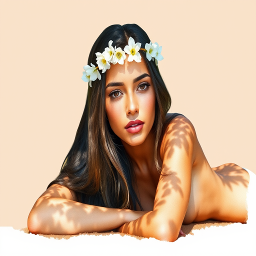 create a watercolor painting of an ethereal portrait of beautiful Guarani woman with a simple white flower crown on her head. Her hair is long and she is lying on the ground. The sunlight on the trees casts shadows from the leaves on her face and body. The background is a neutral brown color that matches her skin tone. The image is minimalist and solid colors. This style is characterized by soft, delicate brushstrokes and a light, airy, contrasting color palette. High level of detail and play of light
