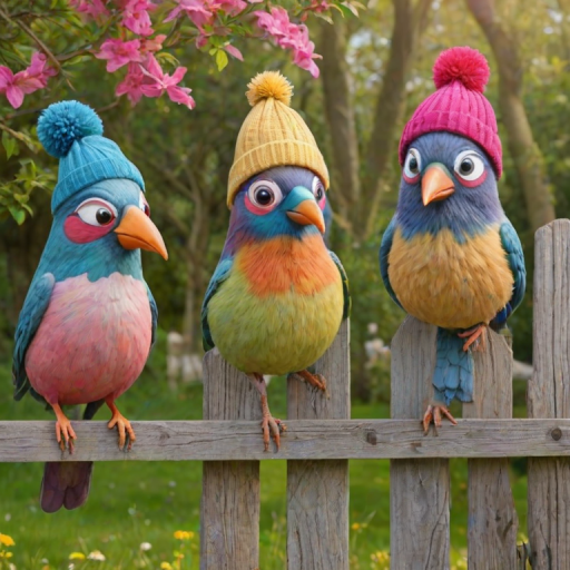 create a scene of 4 quirky  whimsical colourful comical birds each with a funny expression. they are sat on a wooden fence with colourful flowers. they are all different sizes. each one is a different colour  one is wearing a woolly hat. Each one has a different quirky google expression and there is a muted background of trees watercolour paintierly style high definition 8k resolution 3D paper mache