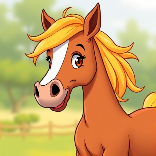 Generate a high-quality illustration of a brown horse with a flowing yellow mane, in a playful pose, captured in a vibrant cartoon style, using a high-resolution digital camera with a 50mm lens, f/2.8 aperture, ISO 200, and a shallow depth of field.