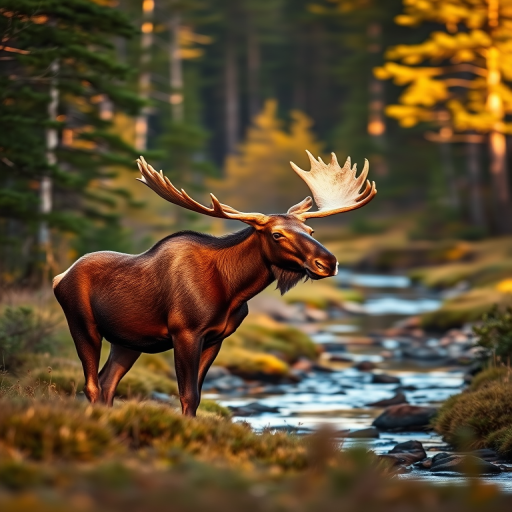 Moose standing in a serene forest landscape with a creek, golden hour lighting, captured with a DSLR camera at f/4, 1/250s, ISO 100, focus on the moose with a shallow depth of field and a slightly elevated angle.