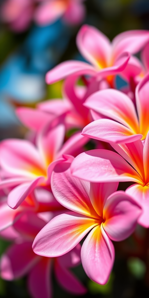 Vibrant close-up of pink plumeria flowers with soft focus background, ISO 100, aperture f/2.8, shutter speed 1/200s, macro lens, DSLR camera, natural sunlight.