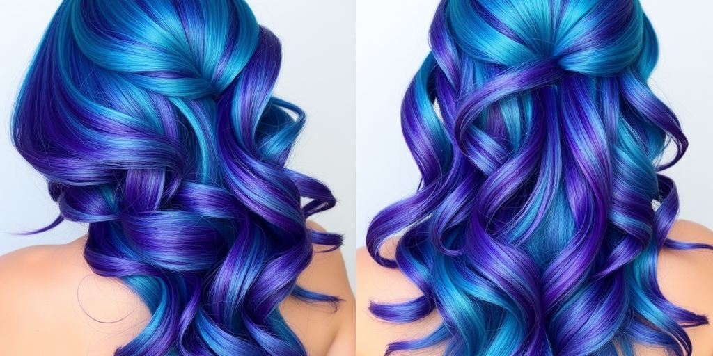 Iridescent mermaid-inspired long locks shifting from teal to purple, the "Ocean Magic" hairdo captures the mesmerizing beauty of the sea