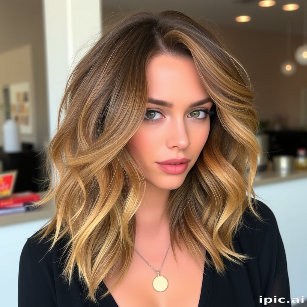 Alluring caramel-haired temptress with a voluminous, bouncy blowout featuring soft layers and face-framing highlights