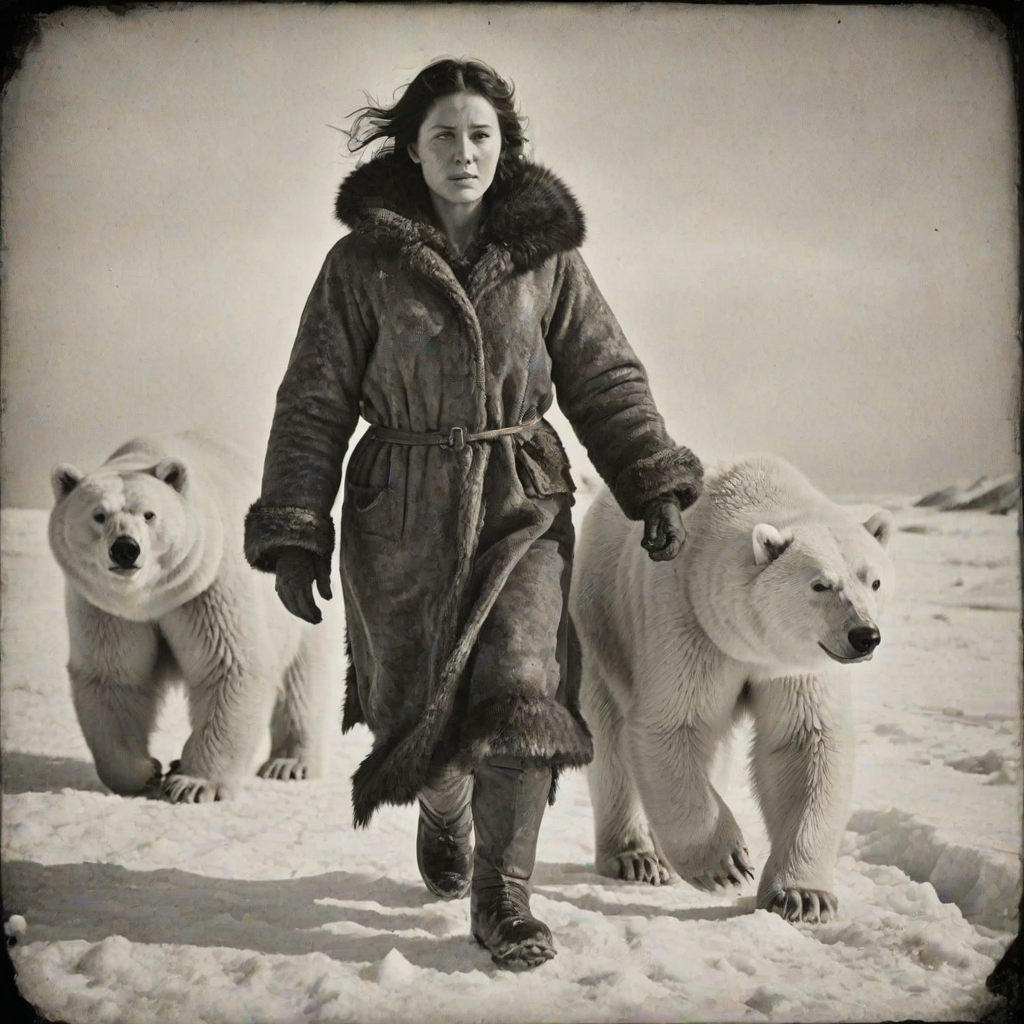 A very old photograph in black and white. The photo is badly damaged, faded, with scratches, tears, smudges and dirt. The photo is ultra-realistic and very detailed. It's a picture of an Arctic warrior. She is walking serenely towards the camera. At her side walks a majestic polar bear. Its fur shines in the sunlight. Snow, ice, sea. wind. snow in the air.