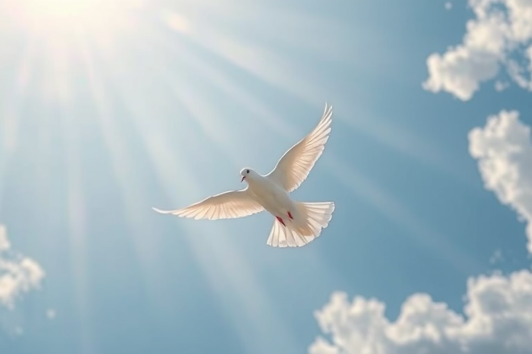 Create an ethereal image of a white dove soaring through a radiant sky, with beams of light illuminating its wings, captured with a Canon EOS 5D Mark IV at f/2.8, ISO 100, 1/200s, in a wide-angle view, utilizing a soft focus lens to enhance the dreamlike quality.