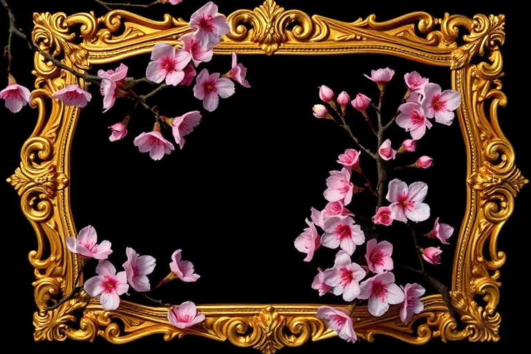 A vintage ornate golden frame adorned with pink cherry blossom flowers on a black background, high-resolution, f/2.8 aperture, 50mm lens, shot from an overhead view, using a DSLR camera.