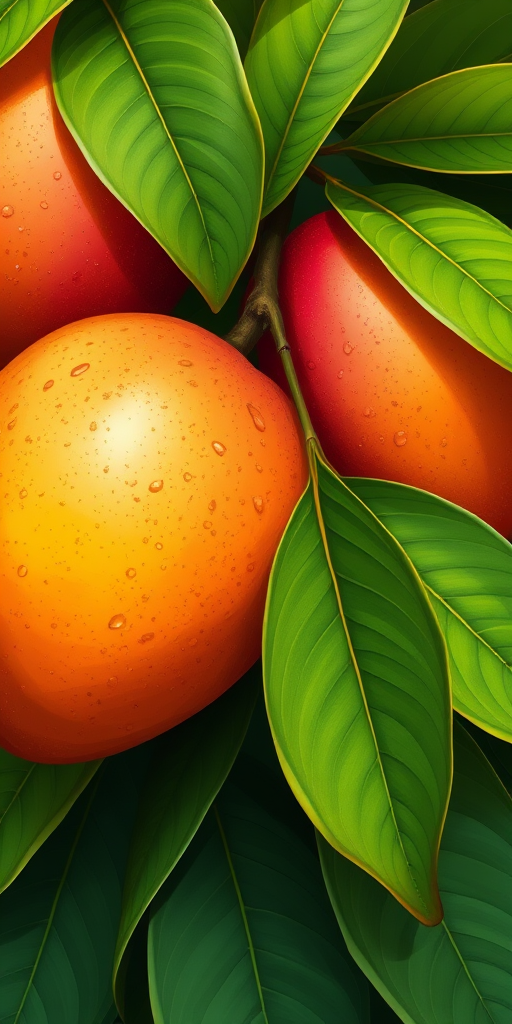 Create a vibrant and detailed illustration of ripe mangoes resting on green leaves, showcasing their texture and shine, captured with a DSLR camera at f/2.8 aperture, 1/100 shutter speed, ISO 100, in a macro view with natural lighting for enhanced quality.