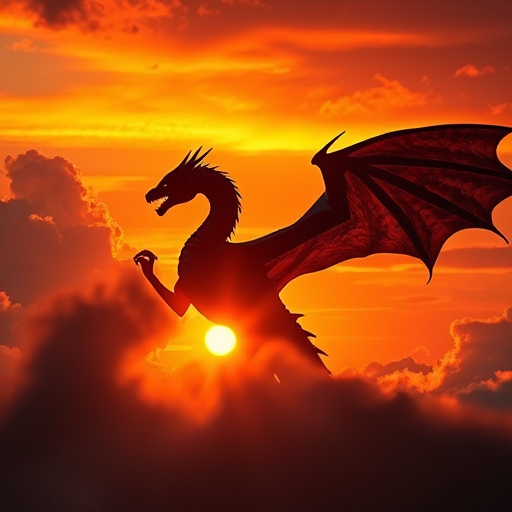 generate a highly detailed image of a majestic dragon silhouetted against a fiery sunset, with dramatic clouds surrounding it, use a DSLR camera with a 50mm lens at f/1.8, ISO 100, shutter speed 1/500, shot from a low angle to emphasize the dragon's wings and the dynamic sky, in a cinematic style with vibrant contrasts