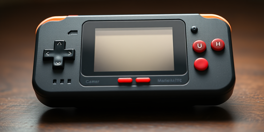 Generate a high-resolution image of a retro handheld gaming device resembling a classic game console, using a DSLR camera with a 50mm lens, aperture set to f/2.8, ISO 100, and soft natural lighting to capture details and colors accurately.