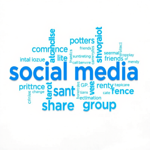 Create a vibrant word cloud featuring the terms "social media," "communication," "friends," "search," "share," and "group" in varying sizes and blue tones on a white background, using a DSLR camera with a 50mm lens, aperture set to f/2.8, ISO 100, shot from a top-down perspective.