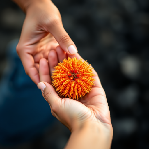 a close-up of a person holding a bright orange sea urchin in their hands, shallow depth of field, f/2.8, 50mm lens, natural light, DSLR camera, focus on the texture of the sea urchin and the hands