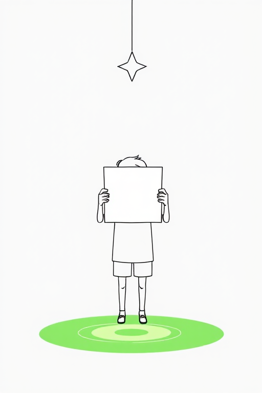 Create a high-quality, minimalist line art illustration of a character holding a rectangular face, with a star suspended above their head and a glowing green pool at their feet, captured with a DSLR camera at f/2.8, ISO 100, 50mm lens, in natural soft lighting for enhanced clarity and detail.