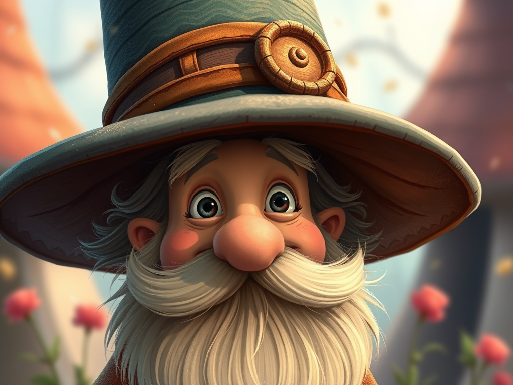 Create a detailed illustration of a whimsical character with a large hat and a bushy beard, using a DSLR camera with a 50mm lens, aperture set to f/2.8 for a shallow depth of field, capturing the scene in vibrant colors with soft, diffused lighting.