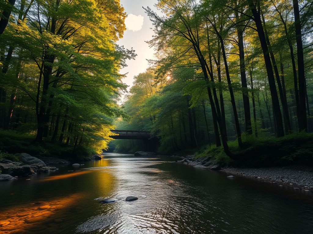 Create an image of a serene, sunlit forest scene with a clear, gently flowing river. Tall trees with lush green foliage line both sides of the river, their leaves bathed in the warm golden light of the setting or rising sun. The sunlight filters through the trees, casting soft, dappled light on the river, which flows over smooth rocks and pebbles, creating a peaceful, natural atmosphere. The sky is bright with a few scattered clouds, and the overall mood is tranquil, evoking a deep sense of connection with nature. The image captures the beauty of a calm, pristine forest landscape at either dawn or dusk.