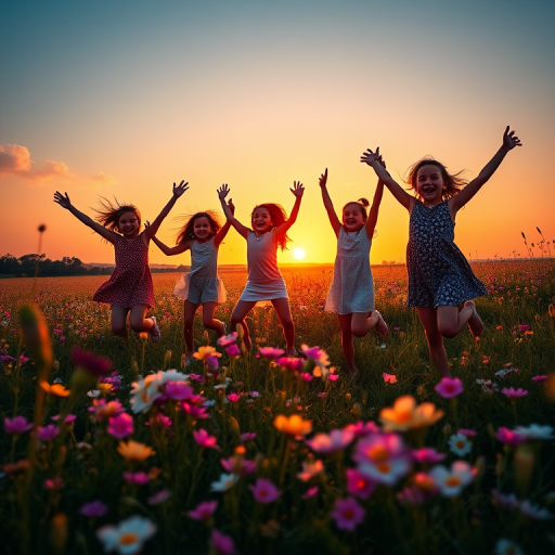 Capture a vibrant sunset scene with four girls joyfully leaping in a flower-filled meadow, golden hour lighting, ISO 100, f/8 aperture, 1/200 sec shutter speed, wide-angle lens, low-angle shot, DSLR camera.