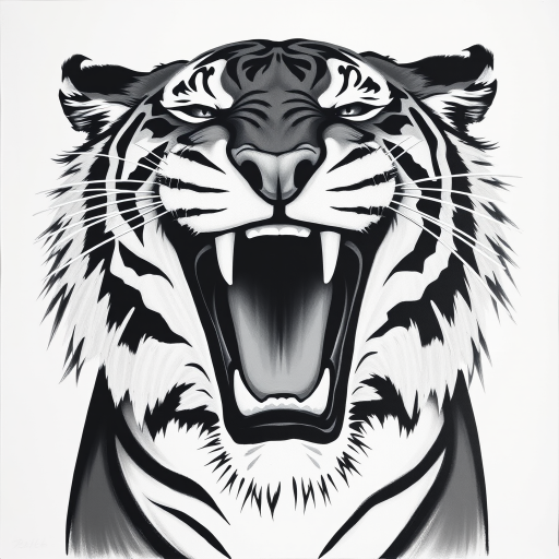 Abstract black and white acrylic portrait of an over exaggerated laughing (tiger). Minimalism style. White background.